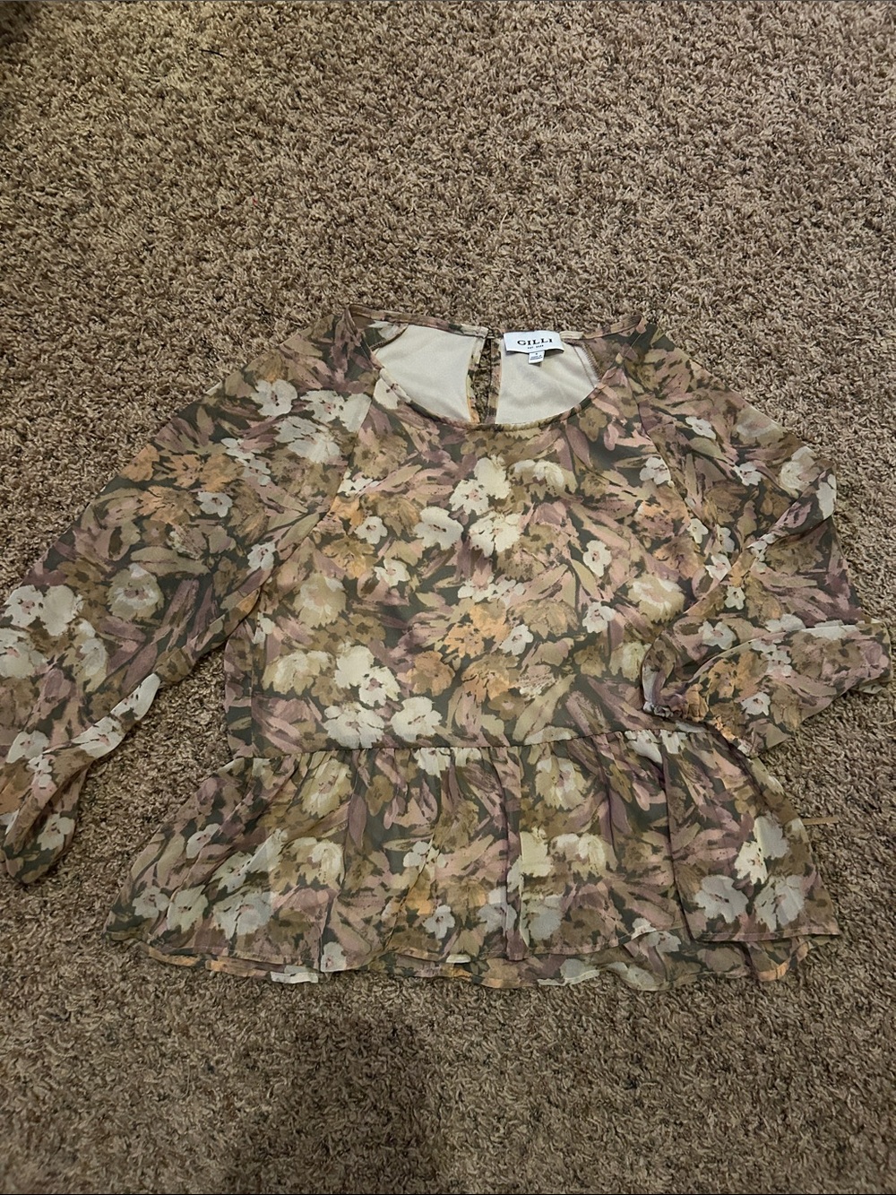 Gilli Floral Sheer Ruffle Peplum Blouse - Cream, Pink, tan